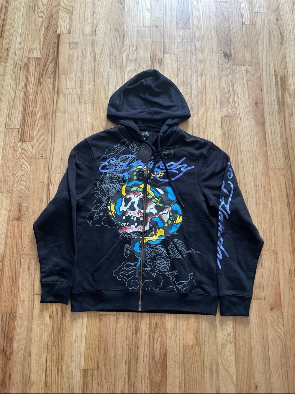 Ed Hardy Black Zip-Up Hoodie with Multicolor Skull Graphic NWT